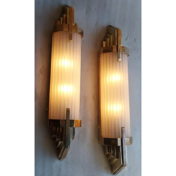 Pair Vintage Skyscraper Art Deco Wall Sconces Fixture Brass & Frosted Glass Rod Ship Light