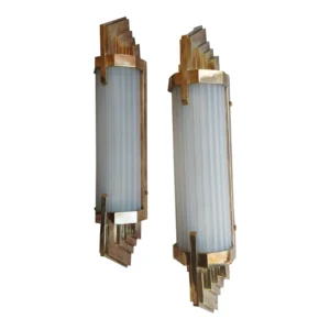 Pair Vintage Skyscraper Art Deco Wall Sconces Fixture Brass & Frosted Glass Rod Ship Light