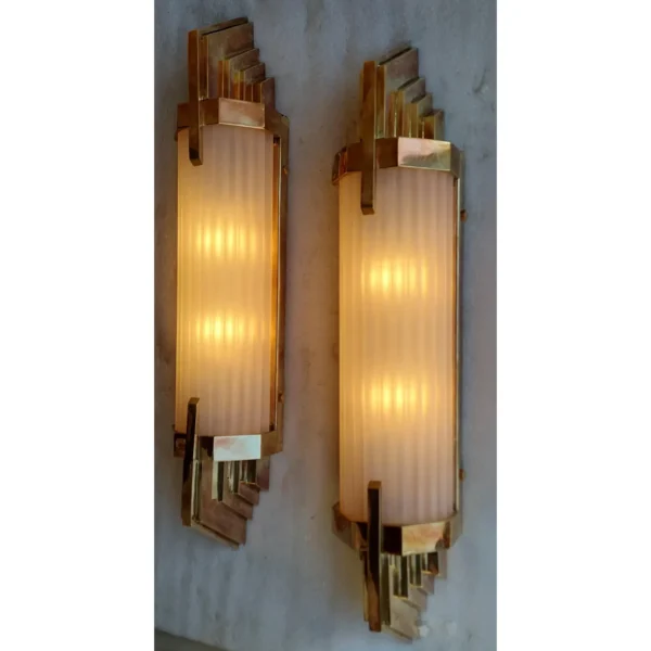 Pair Vintage Skyscraper Art Deco Wall Sconces Fixture Brass & Frosted Glass Rod Ship Light