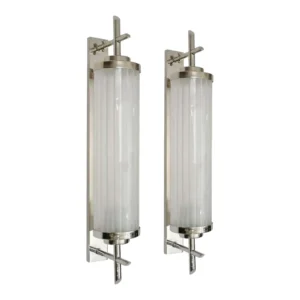 Pair Vintage Skyscraper Art Deco Wall Sconces in Nickel Brass & Frosted Glass Rod Ship Light