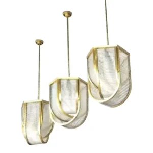 Set of 3 Vintage Skyscraper Art Deco Rod Ship Light Ceiling Hanging Fixtures in Brass & Glass