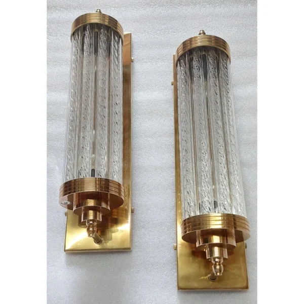 Skyscraper Vintage Art Deco Wall Sconces Fixture Brass Lamp; Ribbed Glass Rod Ship Light – a Pair