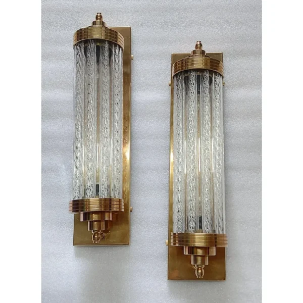 Skyscraper Vintage Art Deco Wall Sconces Fixture Brass Lamp; Ribbed Glass Rod Ship Light – a Pair