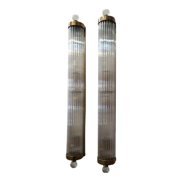 Large Size Pair Vintage Art Deco 4 Light Wall Sconces Fixture Brass & Glass Rod Ship Light