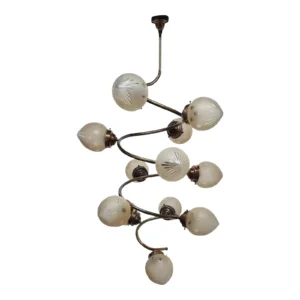 Vintage Art Deco Brass Hanging Chandelier 12 Light Frosted Star Glass Shade Lamp