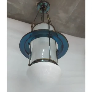 Vintage Skyscraper Art Deco Opaline Glass Fixture Brass & Frosted Glass Cylinder Ship Light