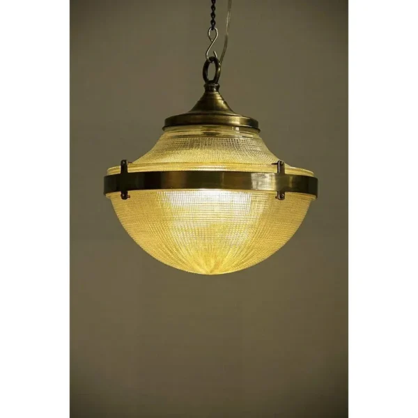 Vintage Art Deco American Dome Ceiling Hanging Fixture in Brass & Crystal Cut Glass