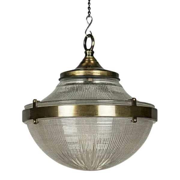 Vintage Art Deco American Dome Ceiling Hanging Fixture in Brass & Crystal Cut Glass