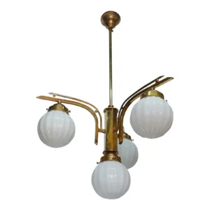 Vintage Art Deco Brass Hanging Chandelier with Milk Glass Shade Lamp