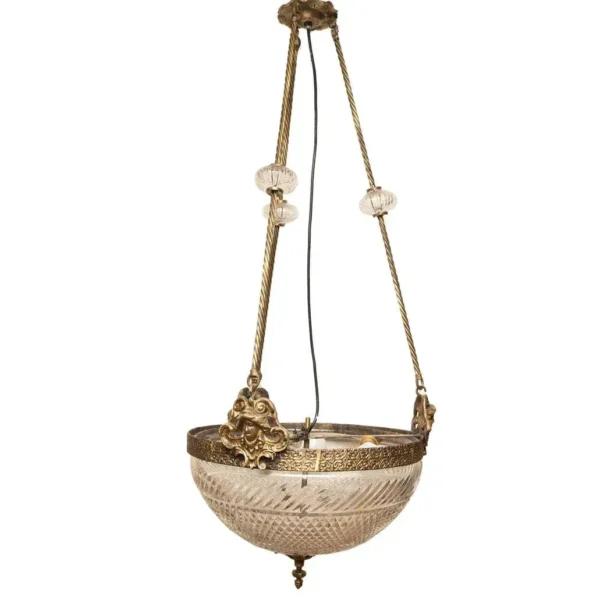Vintage Art Deco Dome Ceiling Hanging Fixture in Brass & Crystal Cut Glass