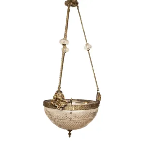 Vintage Art Deco Dome Ceiling Hanging Fixture in Brass & Crystal Cut Glass