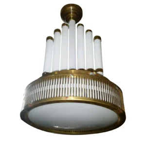 Vintage Art Deco Light Rod Ship Chandelier Fixture in Brass & Milk Glass