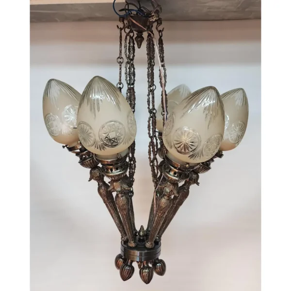 Vintage Art Deco Nouveau Mashaal 6 Light Hanging Chandelier