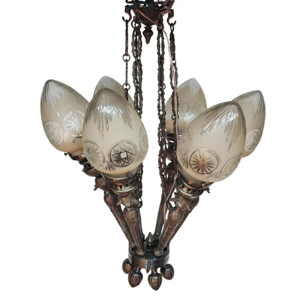 Vintage Art Deco Nouveau Mashaal 6 Light Hanging Chandelier