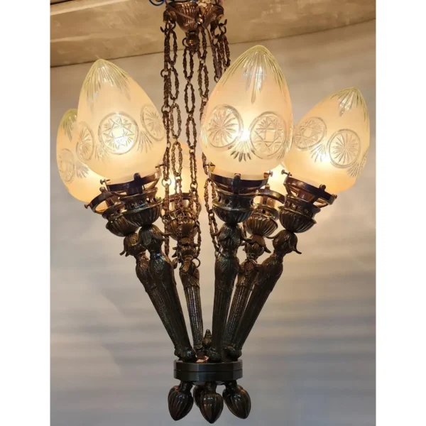 Vintage Art Deco Nouveau Mashaal 6 Light Hanging Chandelier