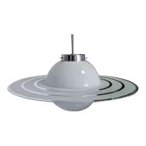 Vintage Art Deco Saturn Light Nickel Brass Hanging Light Milk Glass Shade Lamp