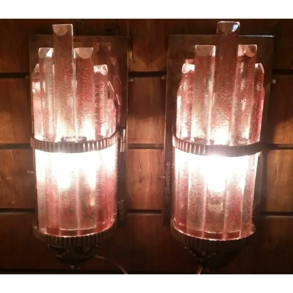 Vintage Art Deco Skyscraper Metro Light Wall Sconces in Copper Red Cameo Glass – a Pair