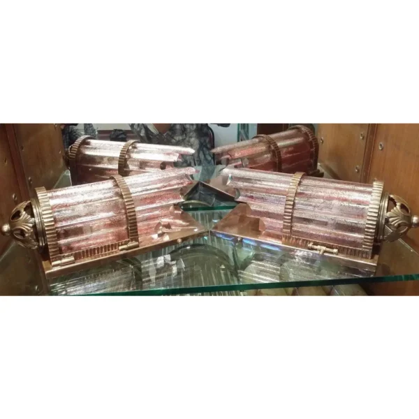 Vintage Art Deco Skyscraper Metro Light Wall Sconces in Copper Red Cameo Glass – a Pair