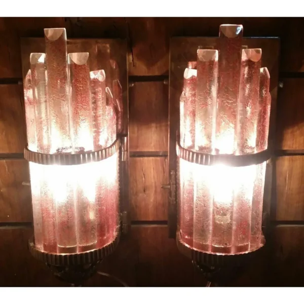 Vintage Art Deco Skyscraper Metro Light Wall Sconces in Copper Red Cameo Glass – a Pair