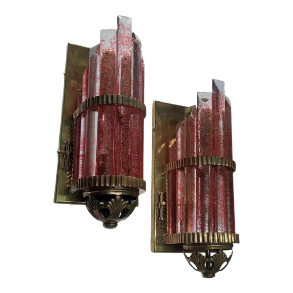 Vintage Art Deco Skyscraper Metro Light Wall Sconces in Copper Red Cameo Glass – a Pair