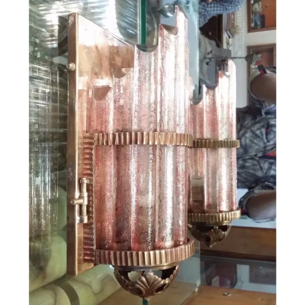 Vintage Art Deco Skyscraper Metro Light Wall Sconces in Copper Red Cameo Glass – a Pair