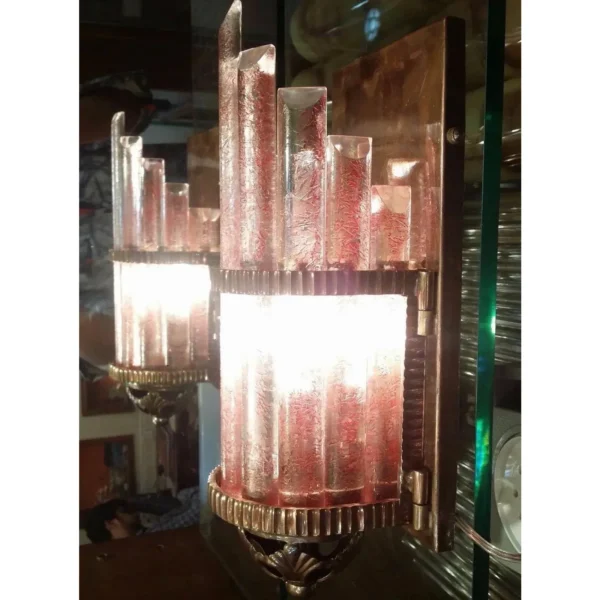 Vintage Art Deco Skyscraper Metro Light Wall Sconces in Copper Red Cameo Glass – a Pair