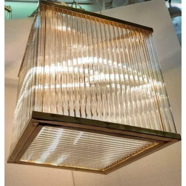 Vintage Art Deco Skyscraper Rod Ship Chandelier in Brass & Glass