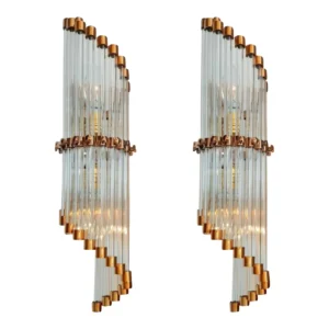 Vintage Art Deco Skyscraper Rod Ship Light Wall Sconces in Copper & Glass – a Pair