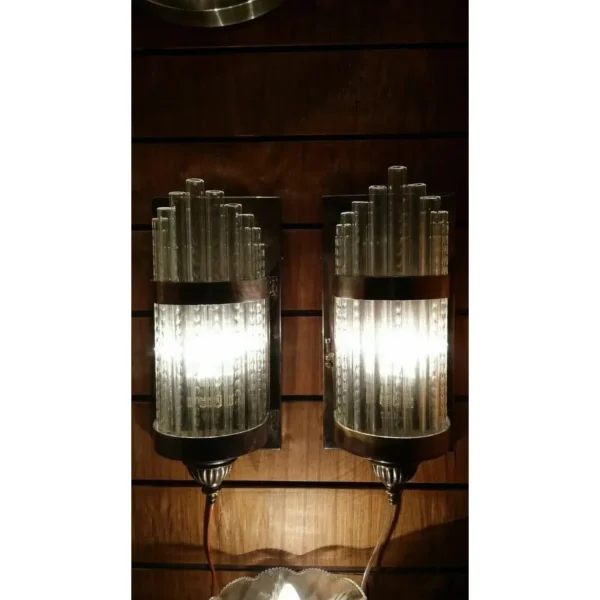 Vintage Art Deco Skyscraper Rod Ship Wall Sconces Fixture in Brass & Glass – a Pair