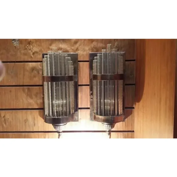 Vintage Art Deco Skyscraper Rod Ship Wall Sconces Fixture in Brass & Glass – a Pair