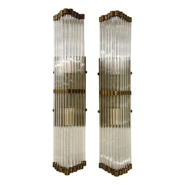 Vintage Art Deco Skyscraper Wall Sconces Fixture in Brass & Glass – a Pair