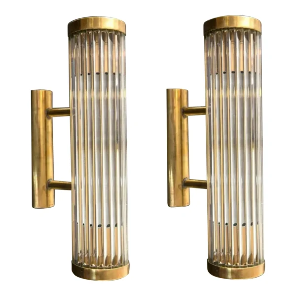 Vintage Art Deco Skyscraper Wall Sconces Fixture in Brass & Glass Rod Ship Light – a Pair