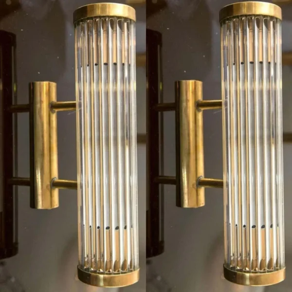 Vintage Art Deco Skyscraper Wall Sconces Fixture in Brass & Glass Rod Ship Light – a Pair