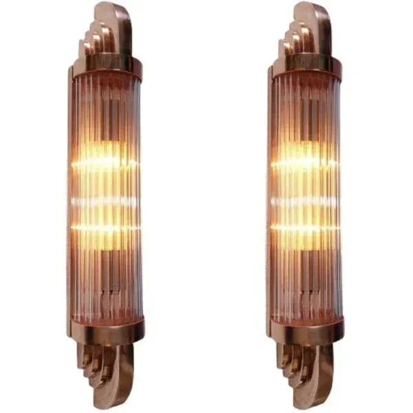 Vintage Art Deco Skyscraper Wall Sconces Fixture in Copper Brass & Glass – a Pair