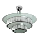 Vintage Art Deco Two Tier Round Ceiling Hanging Light Fixture in Nickel Brass & Frosted Clear Glass Rod Ship Light