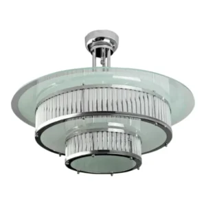 Vintage Art Deco Two Tier Round Ceiling Hanging Light Fixture in Nickel Brass & Frosted Clear Glass Rod Ship Light