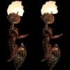 Vintage Art Nouveau Deco Mermaid Wall Sconces in Brass Lamp; Frosted Glass – a Pair