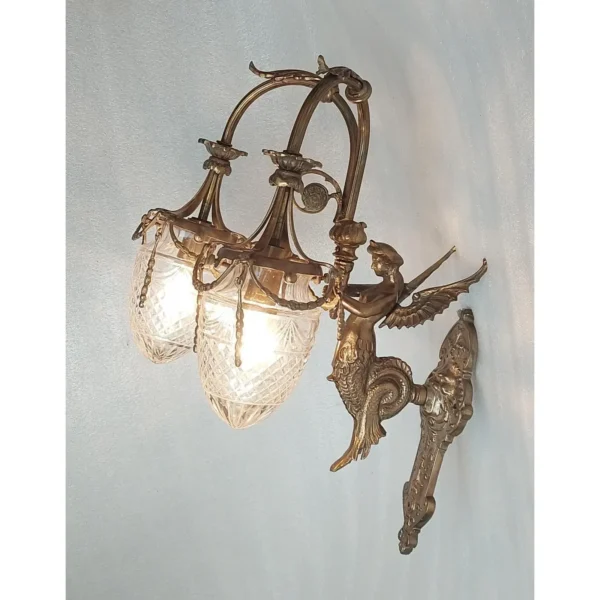 Vintage Art Nouveau Deco Mermaid Wall Sconces in Brass & Glass – a Pair