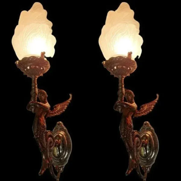 Vintage Art Nouveau Deco Mermaid Wall Sconces in Brass Lamp; Frosted Glass – a Pair
