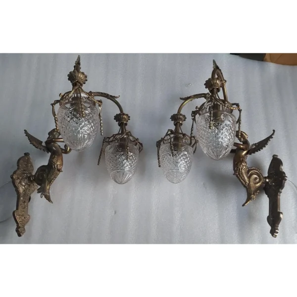 Vintage Art Nouveau Deco Mermaid Wall Sconces in Brass & Glass – a Pair