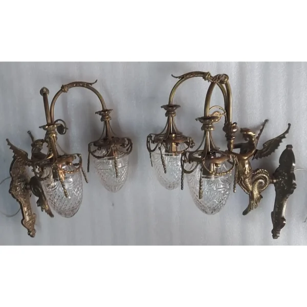 Vintage Art Nouveau Deco Mermaid Wall Sconces in Brass & Glass – a Pair