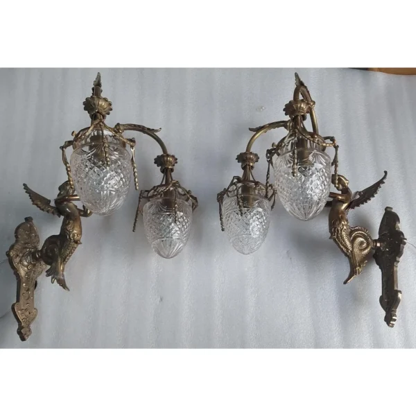 Vintage Art Nouveau Deco Mermaid Wall Sconces in Brass & Glass – a Pair