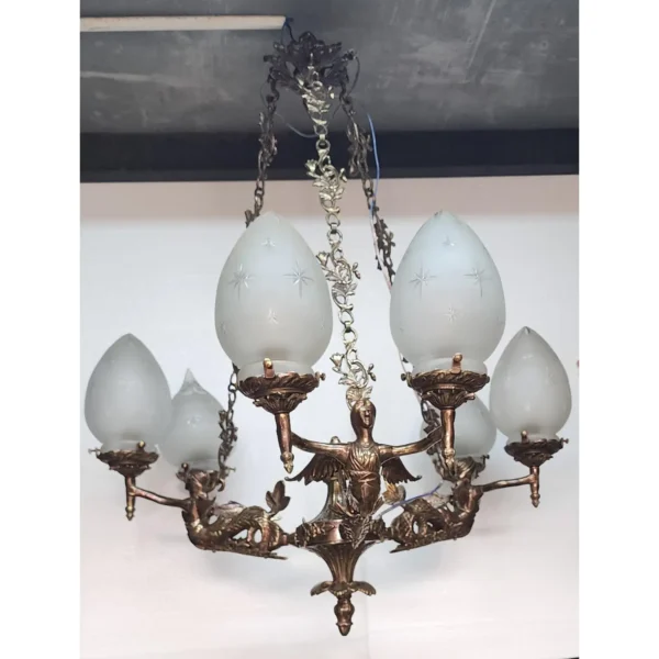 Vintage Victorian Art Deco Nouveau Mermaid Ceiling Hanging Chandelier, Brass & Star Glass Shade