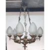 Vintage Victorian Art Deco Nouveau Mermaid Ceiling Hanging Chandelier, Brass & Star Glass Shade