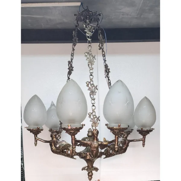 Vintage Victorian Art Deco Nouveau Mermaid Ceiling Hanging Chandelier, Brass & Star Glass Shade