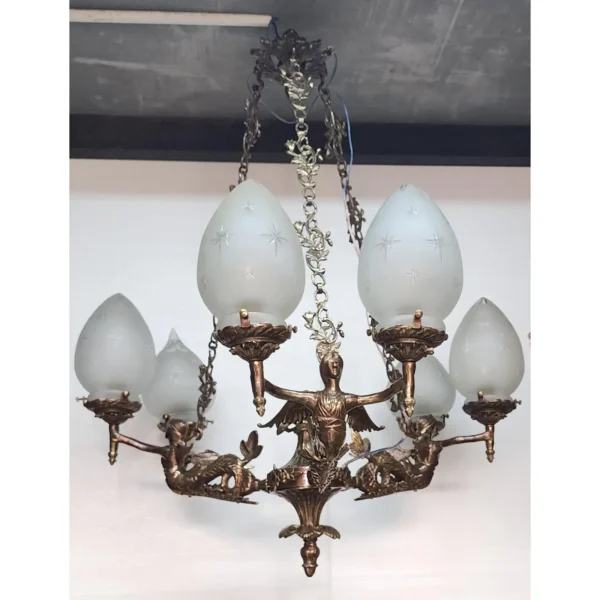 Vintage Victorian Art Deco Nouveau Mermaid Ceiling Hanging Chandelier, Brass & Star Glass Shade