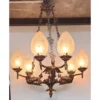 Vintage Victorian Art Deco Nouveau Mermaid Ceiling Hanging Chandelier, Brass & Star Glass Shade
