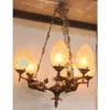 Vintage Victorian Art Deco Nouveau Mermaid Ceiling Hanging Chandelier, Brass & Star Glass Shade