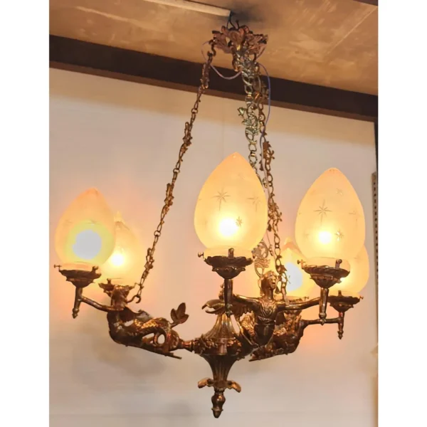 Vintage Victorian Art Deco Nouveau Mermaid Ceiling Hanging Chandelier, Brass & Star Glass Shade