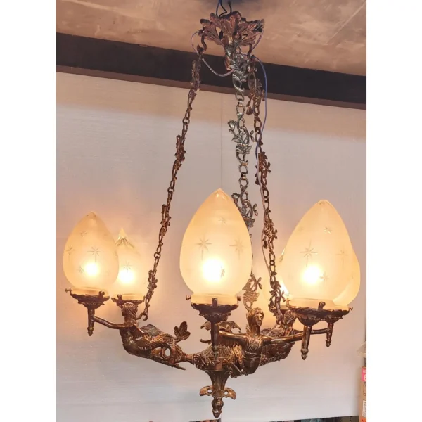 Vintage Victorian Art Deco Nouveau Mermaid Ceiling Hanging Chandelier, Brass & Star Glass Shade